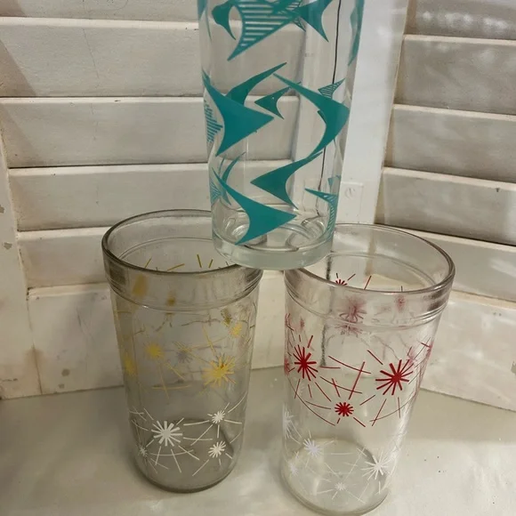 3 Vintage 50s 60s atomic drink glass Starburst Boomerang Teal Red Yellow MCM - Picture 7 of 16
